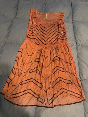 Free People Rust Mesh Mini Dress with Black Beaded Accents